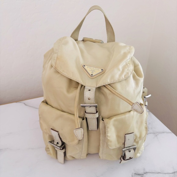 Prada Beige Tessuto Nylon Drawstring Backpack Silver Details Unisex COA - Picture 1 of 14